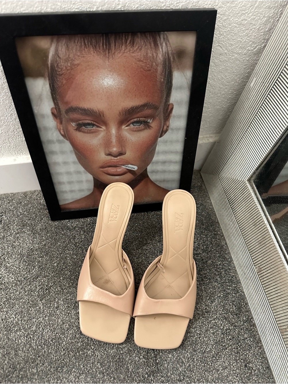 Zara Beige Square-Toe Slide Mules Sz 36